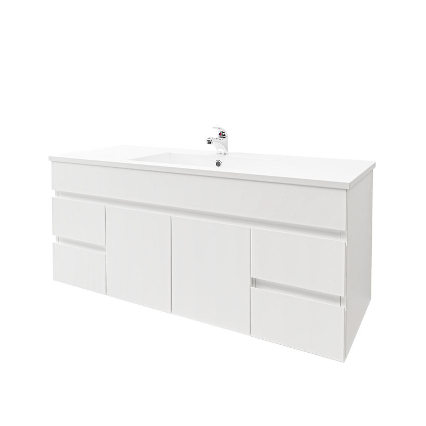 1200mm 2-Door 4-Drawer Wall Hung MDF Gloss White Finish Bathroom Vanity Cabinet Only