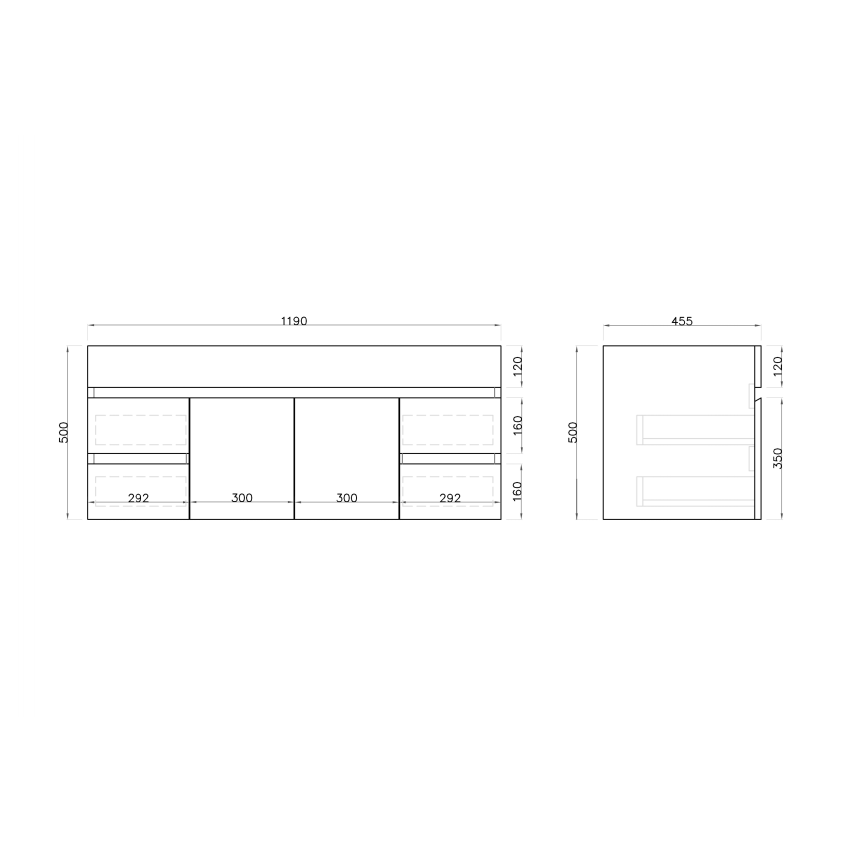 1200mm 2-Door 4-Drawer Wall Hung MDF Gloss White Finish Bathroom Vanity Cabinet Only