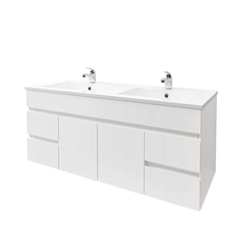 1200mm 2-Door 4-Drawer Wall Hung MDF Gloss White Finish Bathroom Vanity Cabinet Only