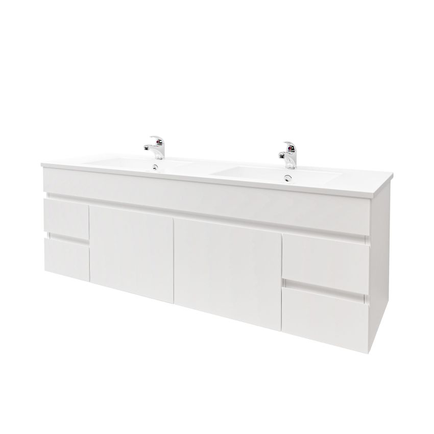 1500mm 2-Door 4-Drawer Wall Hung MDF Gloss White Finish Bathroom Vanity Cabinet Only