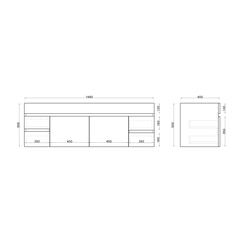 1500mm 2-Door 4-Drawer Wall Hung MDF Gloss White Finish Bathroom Vanity Cabinet Only