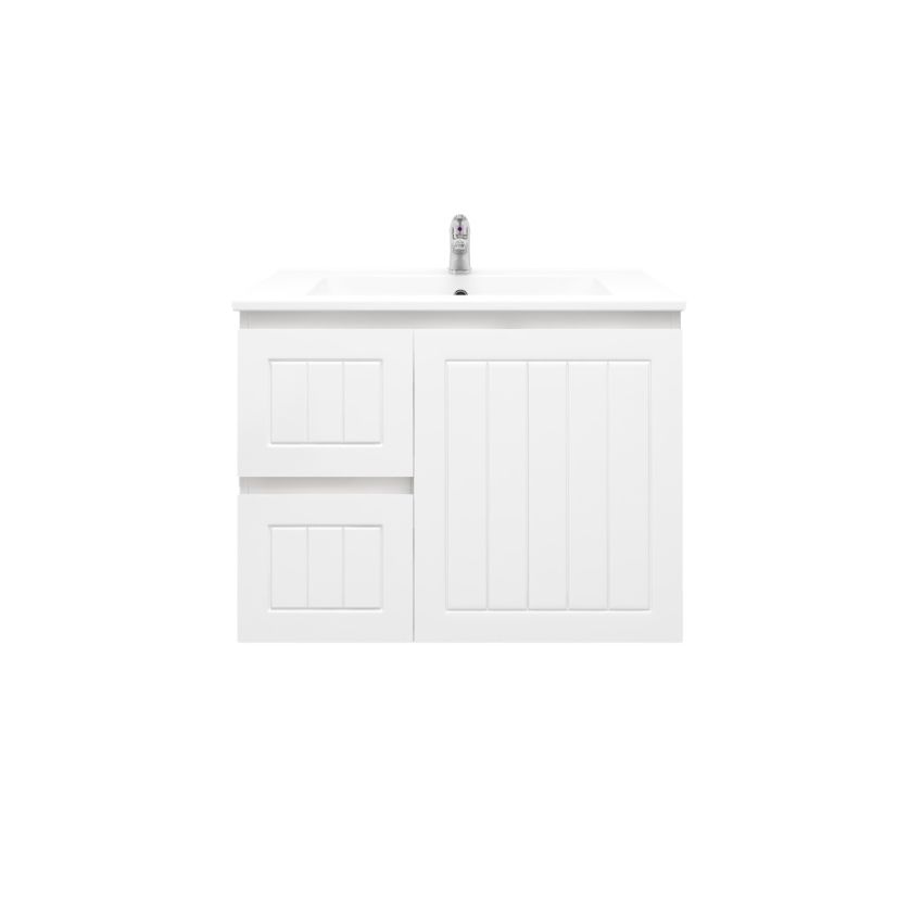 750mm Wall Hung Matte White Linear Surface Bathroom Cabinet With Left Hand Drawers Cabinet Only
