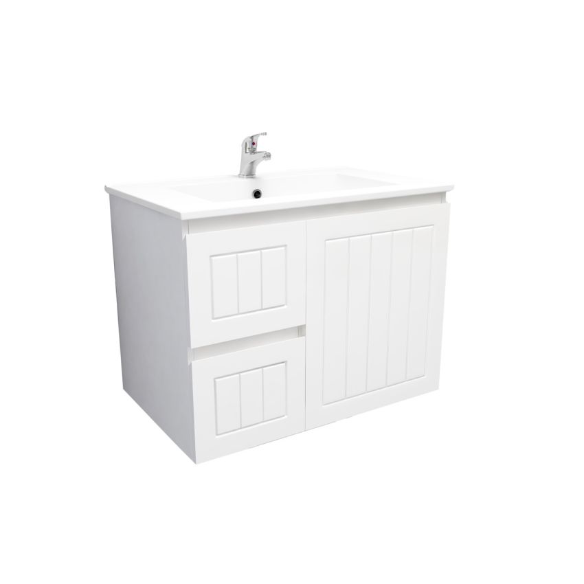 750mm Wall Hung Matte White Linear Surface Bathroom Cabinet With Left Hand Drawers Cabinet Only