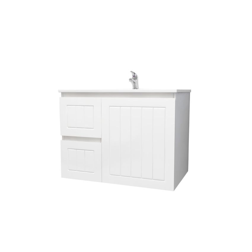 750mm Wall Hung Matte White Linear Surface Bathroom Cabinet With Left Hand Drawers Cabinet Only