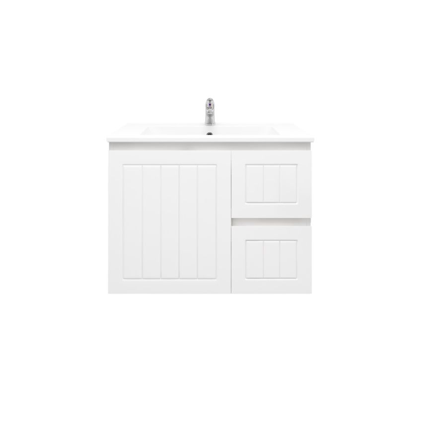 750mm Wall Hung Matte White Linear Surface Bathroom Cabinet With Right Hand Drawers Cabinet Only
