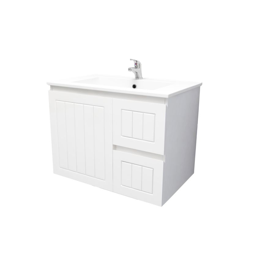 750mm Wall Hung Matte White Linear Surface Bathroom Cabinet With Right Hand Drawers Cabinet Only