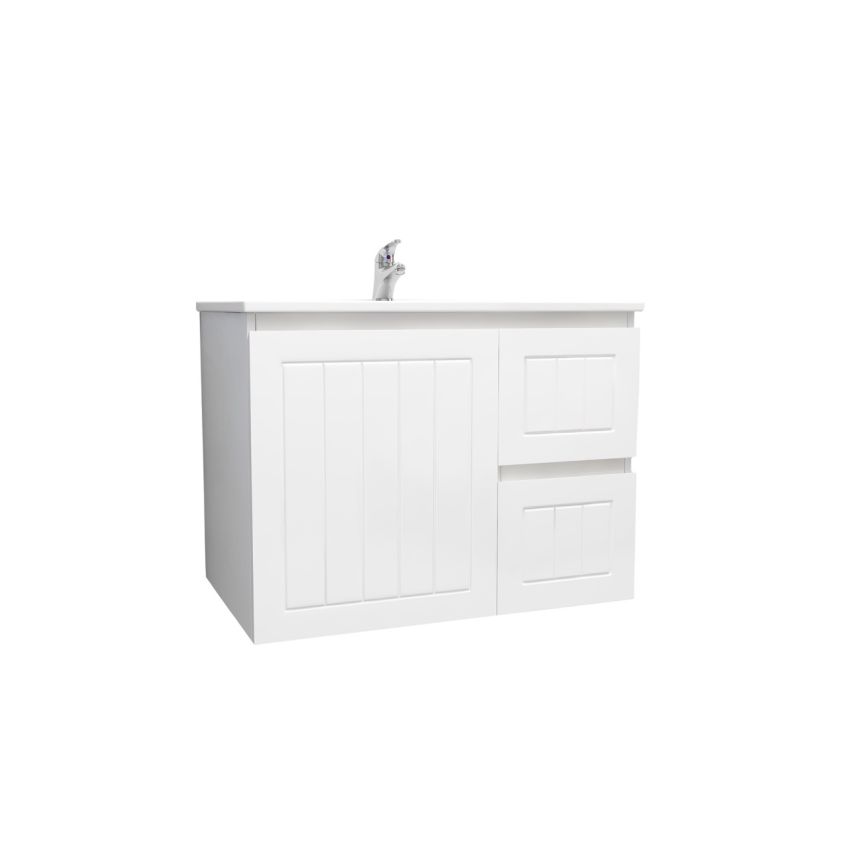 750mm Wall Hung Matte White Linear Surface Bathroom Cabinet With Right Hand Drawers Cabinet Only