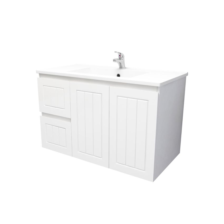 900mm Wall Hung Matte White Linear Surface Bathroom Cabinet With Left Hand Drawers Cabinet Only