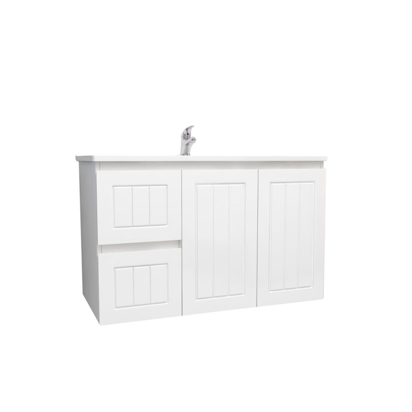 900mm Wall Hung Matte White Linear Surface Bathroom Cabinet With Left Hand Drawers Cabinet Only