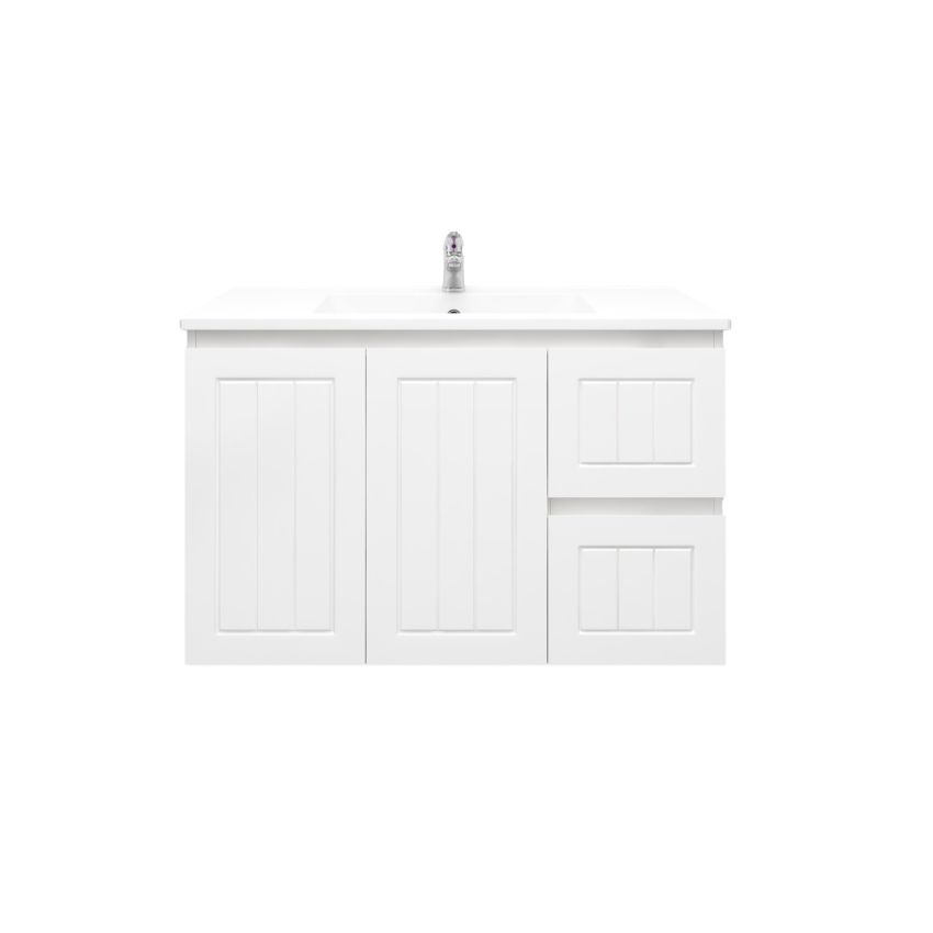 900mm Wall Hung Matte White Linear Surface Bathroom Cabinet With Right Hand Drawers Cabinet Only
