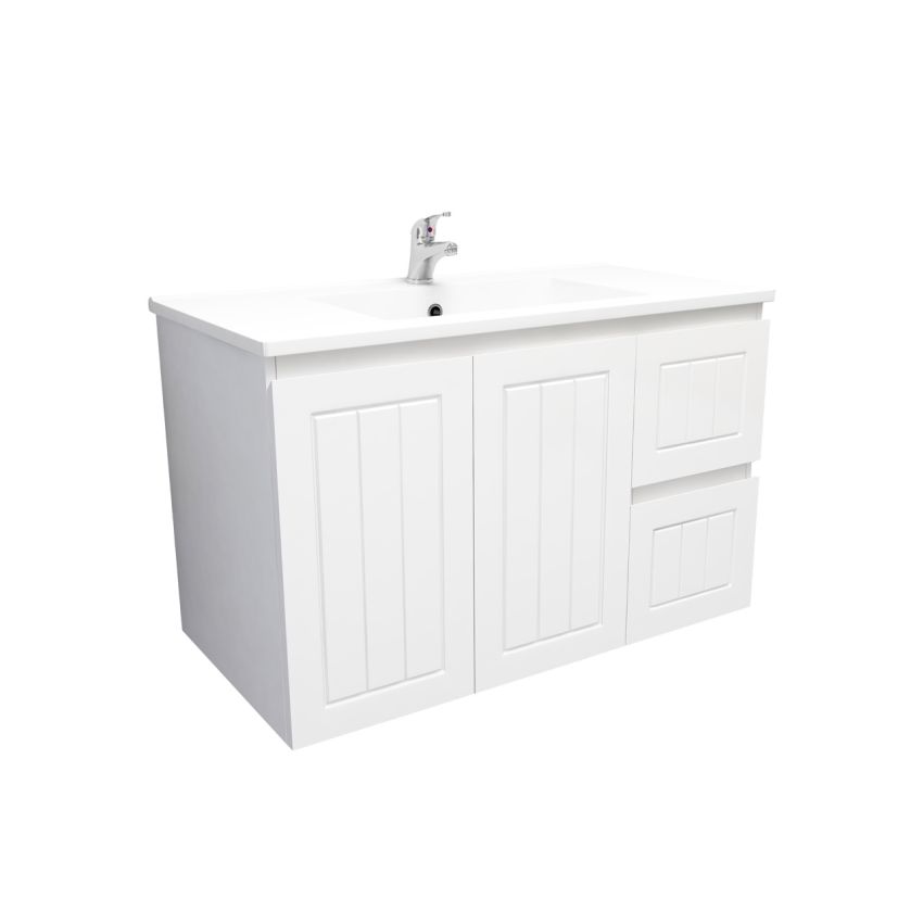 900mm Wall Hung Matte White Linear Surface Bathroom Cabinet With Right Hand Drawers Cabinet Only