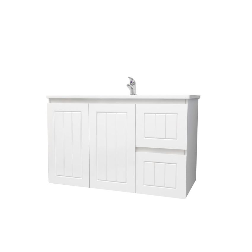 900mm Wall Hung Matte White Linear Surface Bathroom Cabinet With Right Hand Drawers Cabinet Only