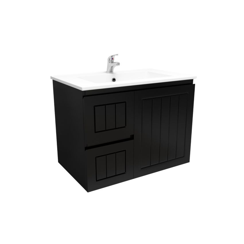 750mm Wall Hung Matte Black Linear Surface Bathroom Cabinet With Left Hand Drawers Cabinet Only