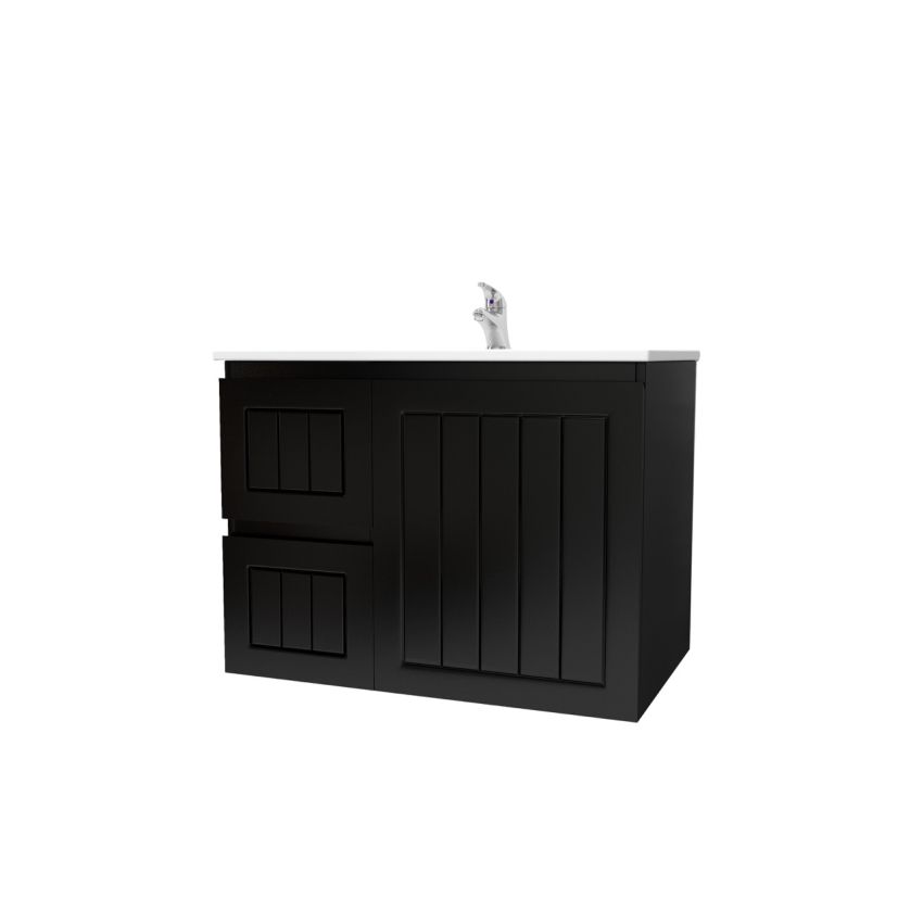 750mm Wall Hung Matte Black Linear Surface Bathroom Cabinet With Left Hand Drawers Cabinet Only