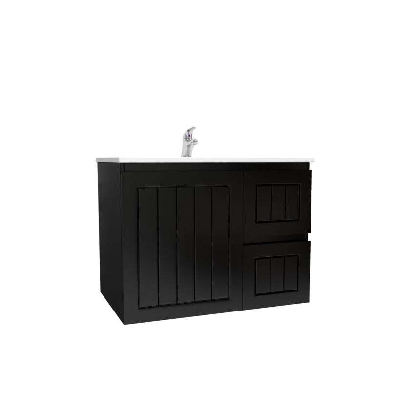 750mm Wall Hung Matte Black Linear Surface Bathroom Cabinet With Right Hand Drawers Cabinet Only