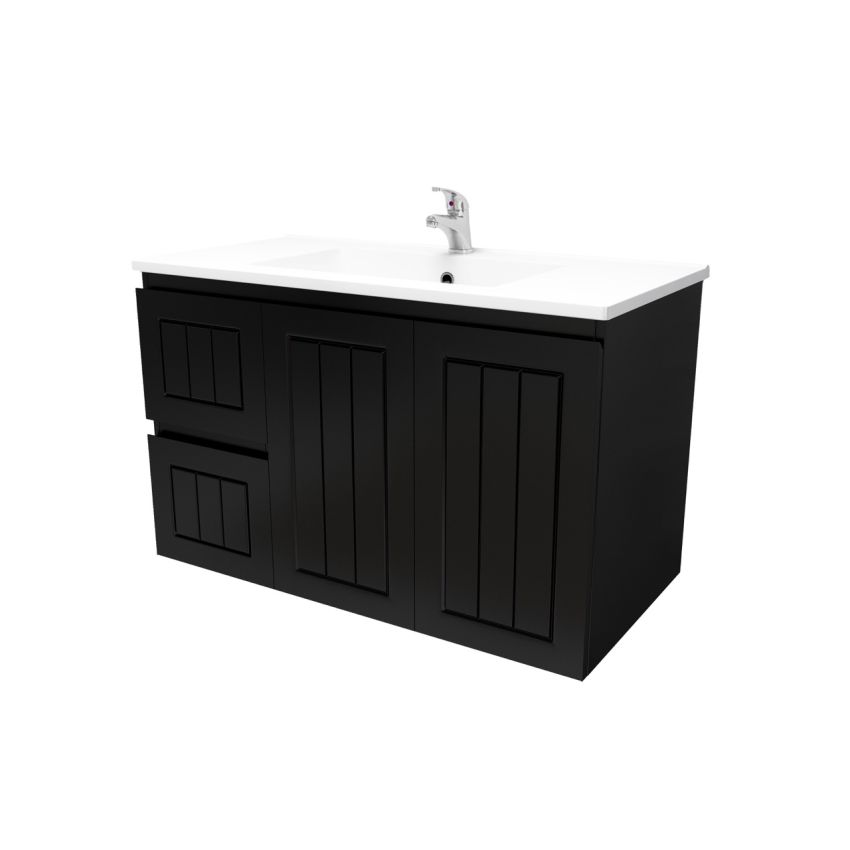 900mm Wall Hung Matte Black Linear Surface Bathroom Cabinet With Left Hand Drawers Cabinet Only
