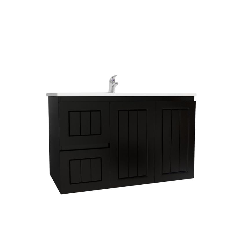 900mm Wall Hung Matte Black Linear Surface Bathroom Cabinet With Left Hand Drawers Cabinet Only
