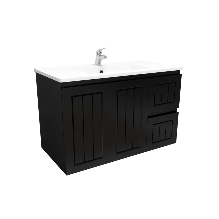 900mm Wall Hung Matte Black Linear Surface Bathroom Cabinet With Right Hand Drawers Cabinet Only