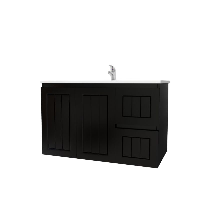 900mm Wall Hung Matte Black Linear Surface Bathroom Cabinet With Right Hand Drawers Cabinet Only