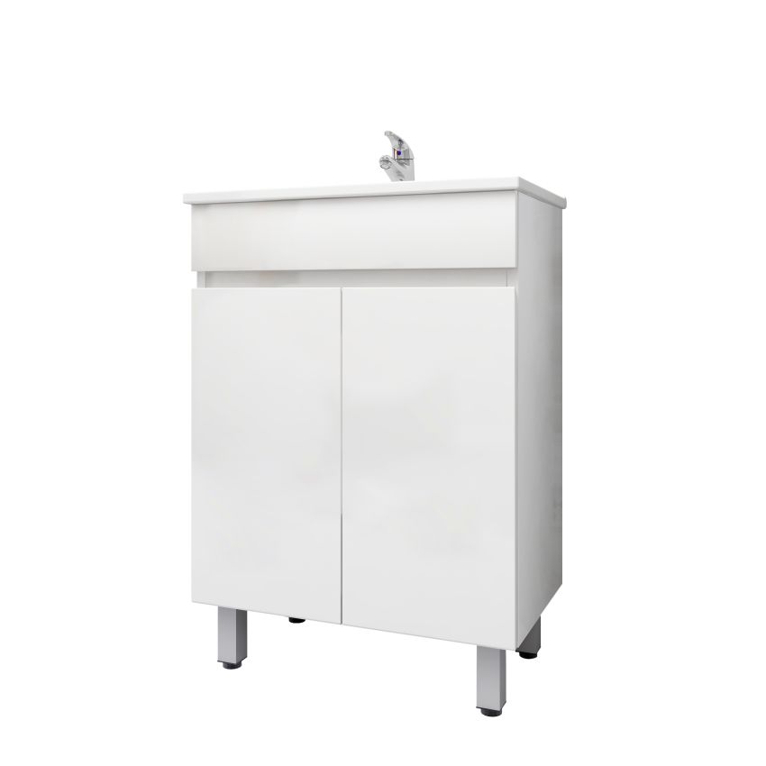 600mm 2-Door Narrow Freestanding With Legs PVC Gloss White Bathroom Vanity Cabinet Only