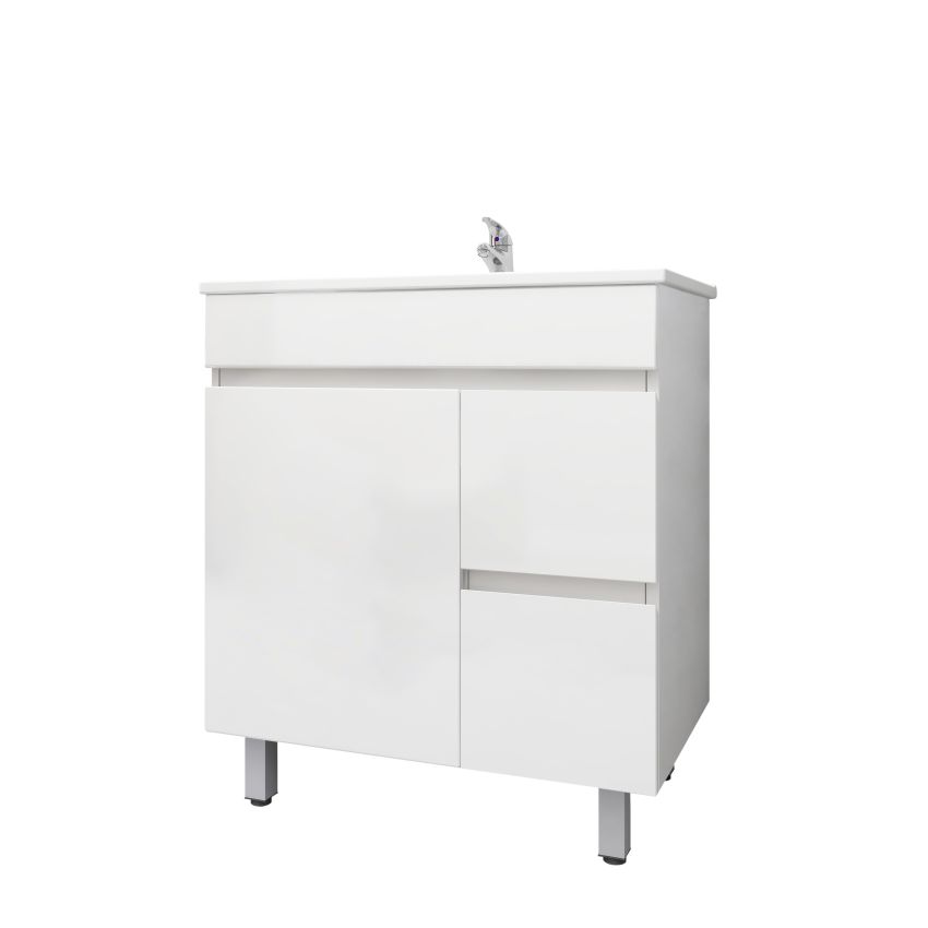 750mm Narrow Freestanding With Legs PVC Gloss White Left/Right Drawers Bathroom Vanity Cabinet Only