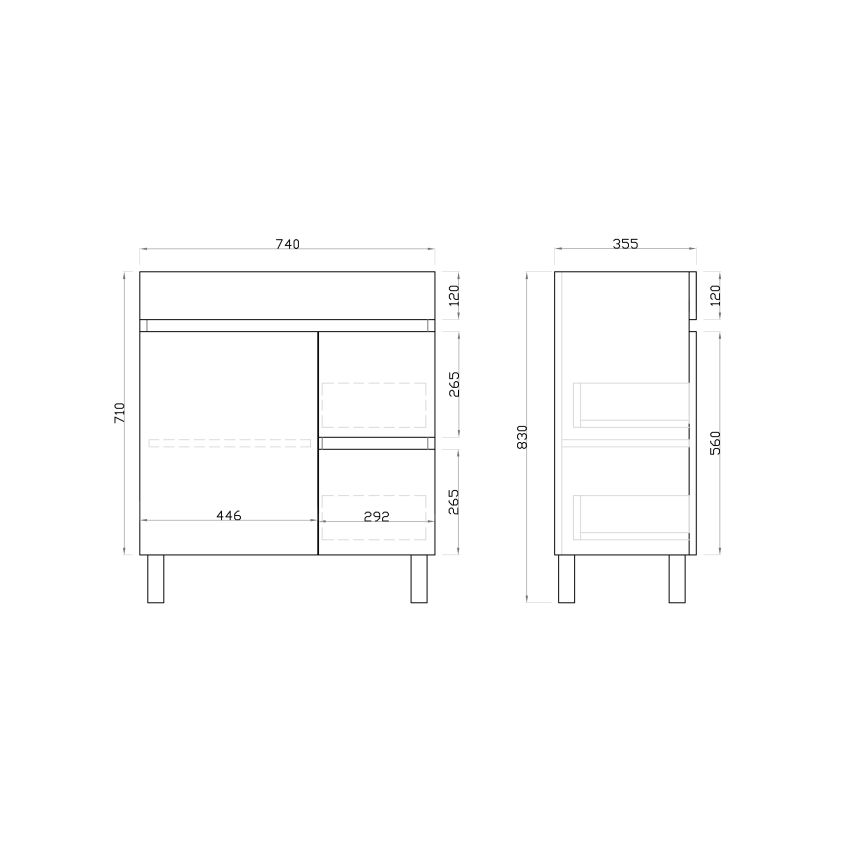 750mm Narrow Freestanding With Legs PVC Gloss White Left/Right Drawers Bathroom Vanity Cabinet Only