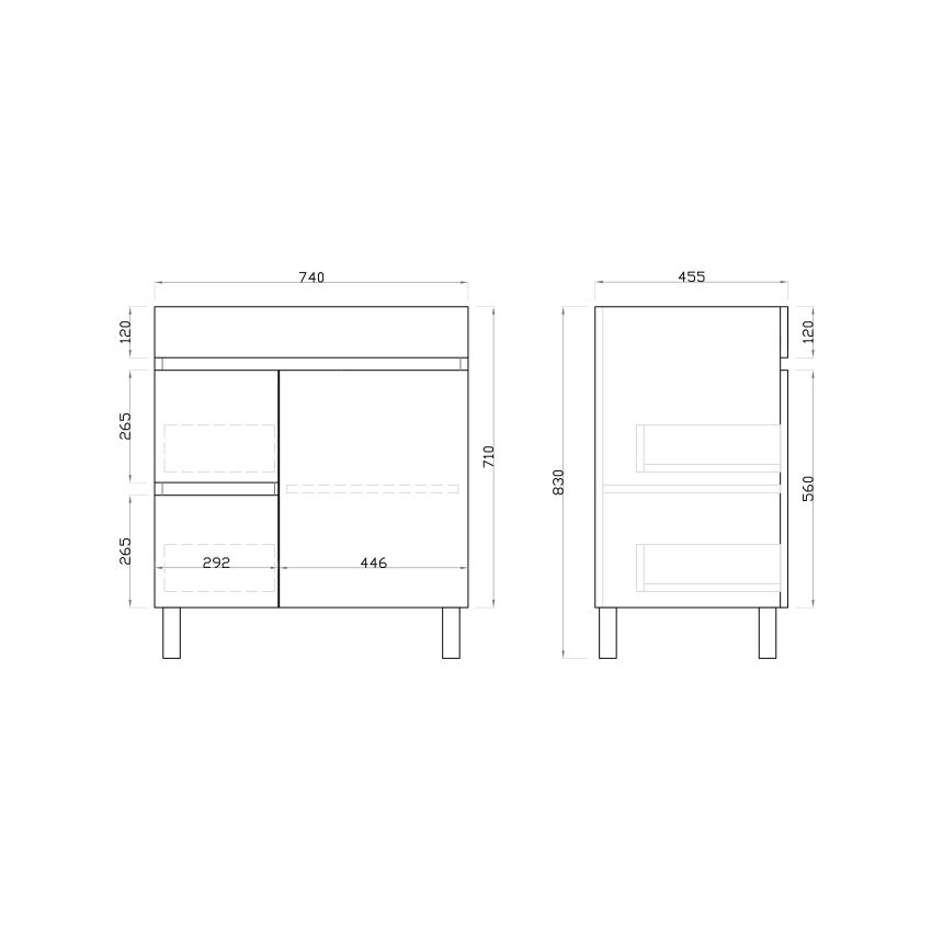 750mm Freestanding With Legs PVC Gloss White Left/Right Drawers Bathroom Vanity Cabinet Only