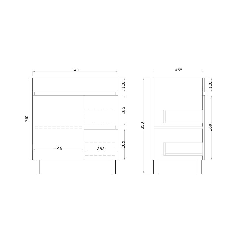 750mm Freestanding With Legs PVC Gloss White Left/Right Drawers Bathroom Vanity Cabinet Only