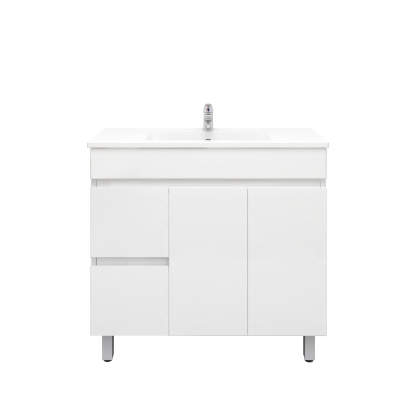 900mm Narrow Freestanding With Legs PVC Gloss White Left/Right Drawers Bathroom Vanity Cabinet Only