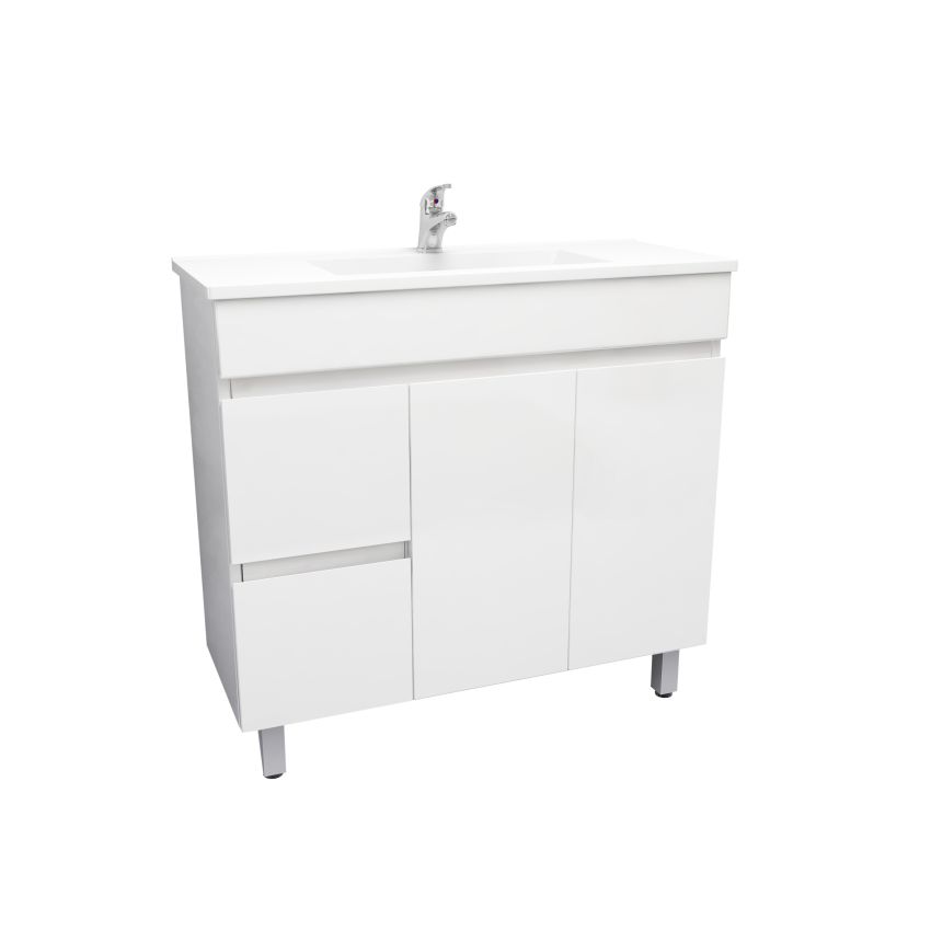 900mm Narrow Freestanding With Legs PVC Gloss White Left/Right Drawers Bathroom Vanity Cabinet Only