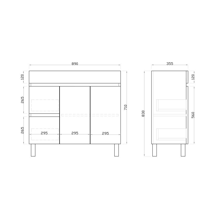 900mm Narrow Freestanding With Legs PVC Gloss White Left/Right Drawers Bathroom Vanity Cabinet Only