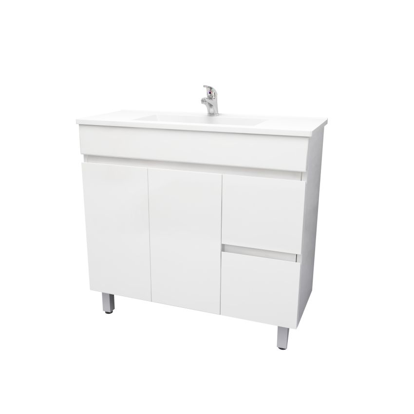 900mm Narrow Freestanding With Legs PVC Gloss White Left/Right Drawers Bathroom Vanity Cabinet Only