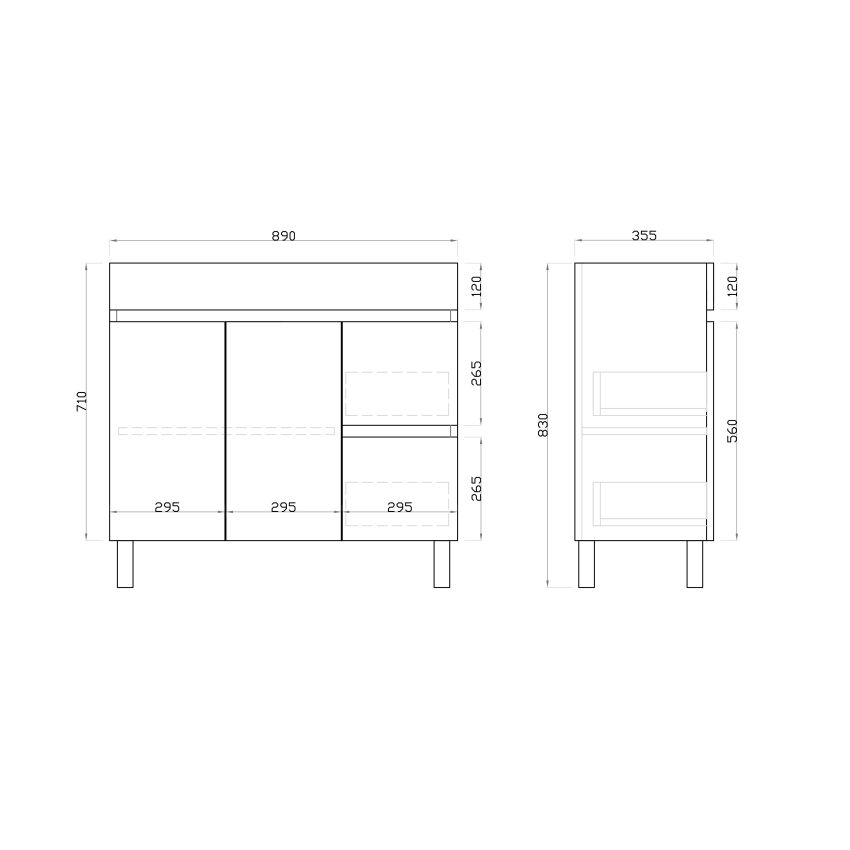 900mm Narrow Freestanding With Legs PVC Gloss White Left/Right Drawers Bathroom Vanity Cabinet Only