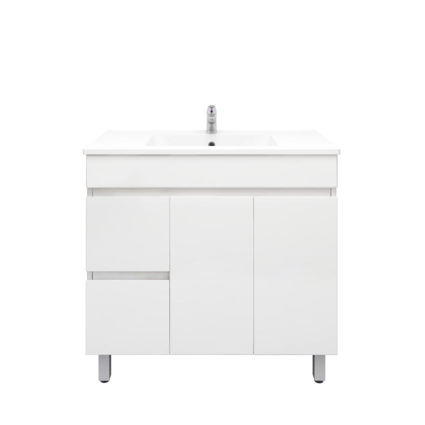 900mm Freestanding With Legs PVC Gloss White Left/Right Drawers Bathroom Vanity Cabinet Only