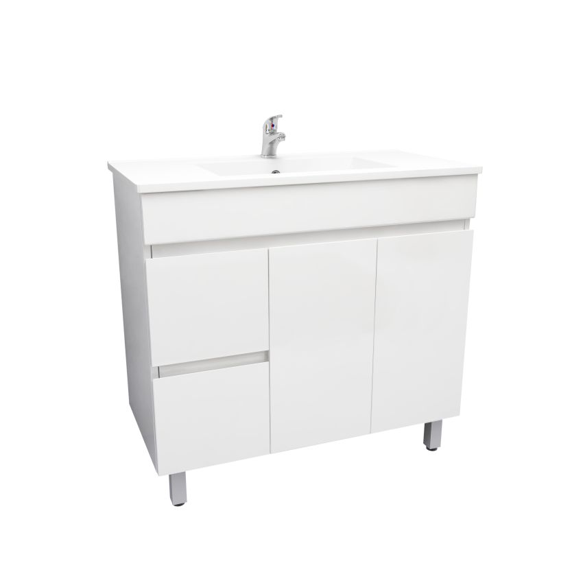 900mm Freestanding With Legs PVC Gloss White Left/Right Drawers Bathroom Vanity Cabinet Only