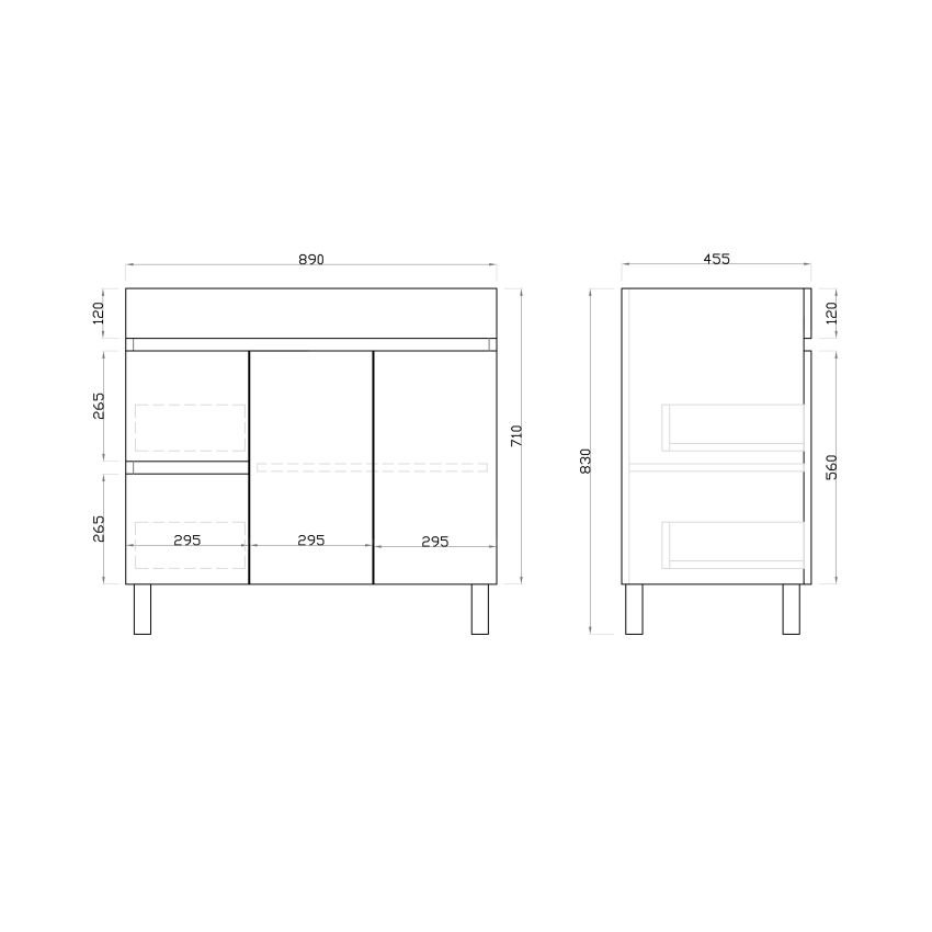 900mm Freestanding With Legs PVC Gloss White Left/Right Drawers Bathroom Vanity Cabinet Only