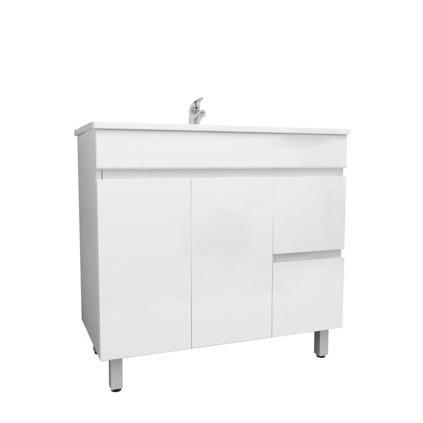 900mm Freestanding With Legs PVC Gloss White Left/Right Drawers Bathroom Vanity Cabinet Only