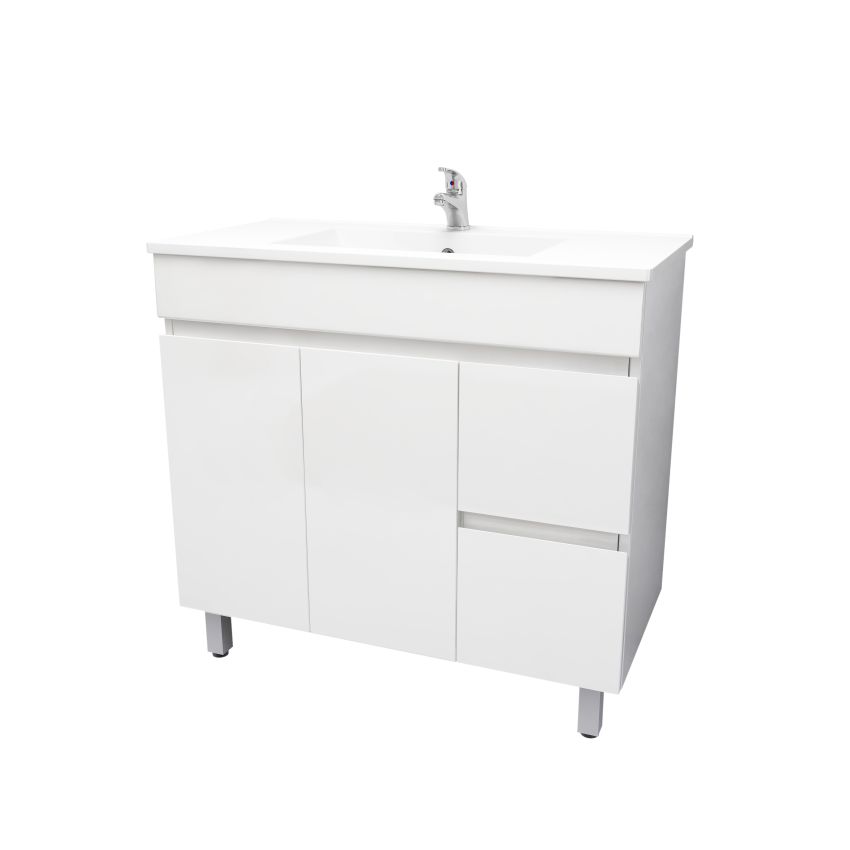 900mm Freestanding With Legs PVC Gloss White Left/Right Drawers Bathroom Vanity Cabinet Only