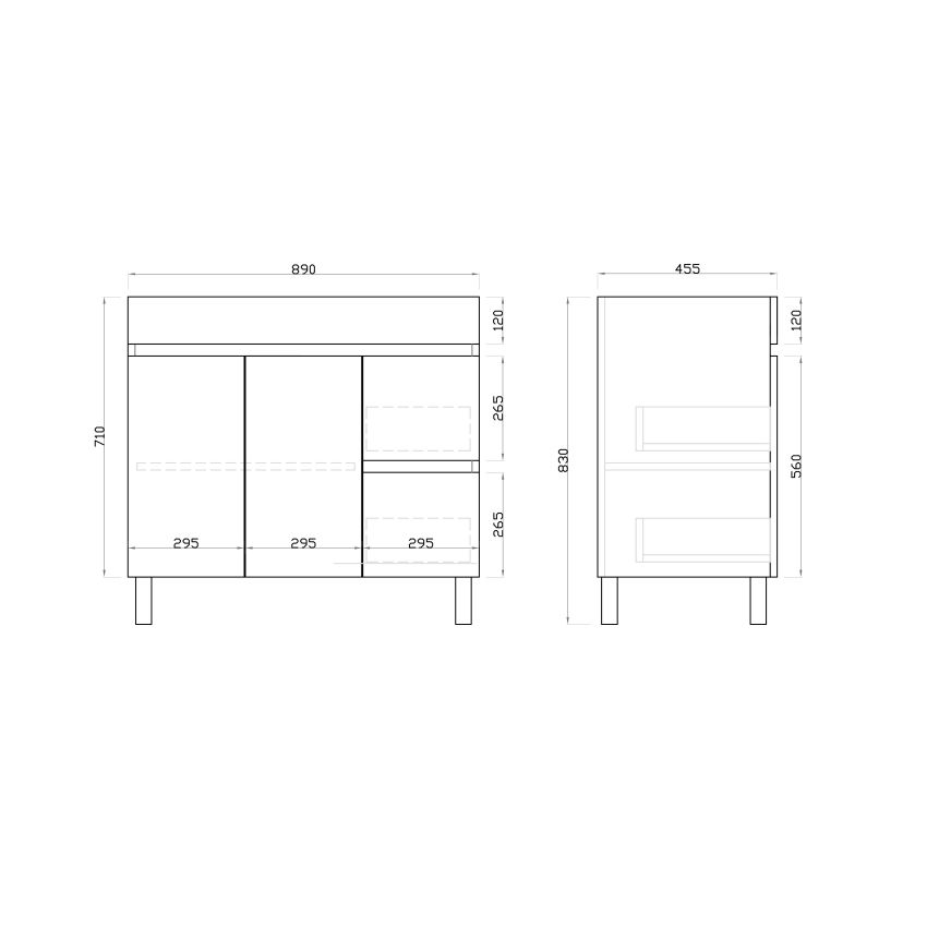 900mm Freestanding With Legs PVC Gloss White Left/Right Drawers Bathroom Vanity Cabinet Only