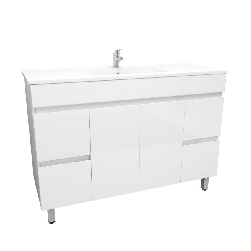 1200mm 2-Door 4-Drawer Freestanding With Legs PVC Gloss White Finish Bathroom Vanity Cabinet Only