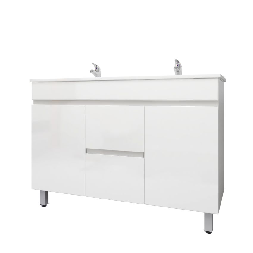 1200mm 2-Door 4-Drawer Freestanding With Legs PVC Gloss White Finish Bathroom Vanity Cabinet Only