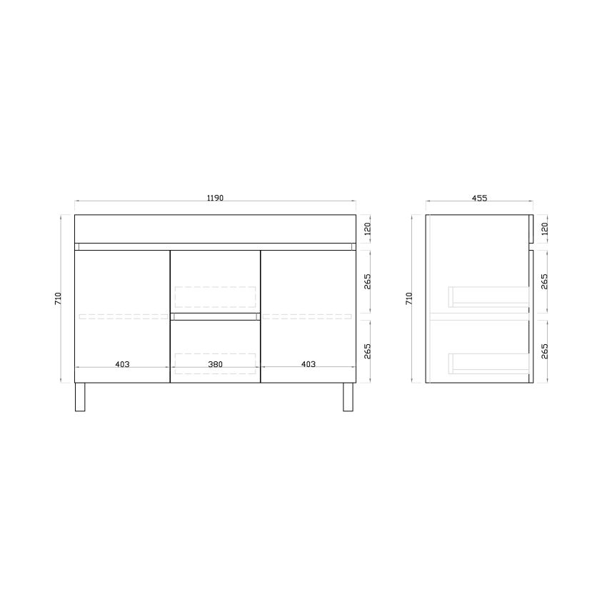 1200mm 2-Door 4-Drawer Freestanding With Legs PVC Gloss White Finish Bathroom Vanity Cabinet Only