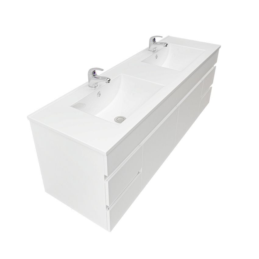 1500mm 2-Door 4-Drawer Wall Hung PVC Gloss White Finish Bathroom Vanity Cabinet Only