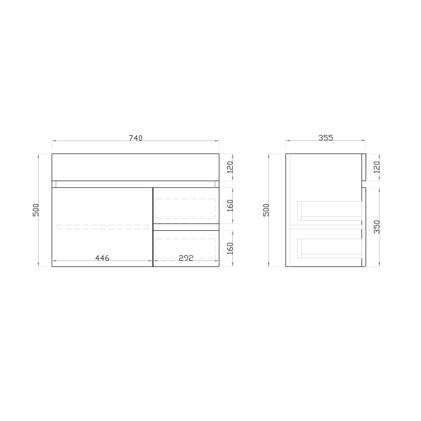 750mm Narrow Wall Hung PVC Gloss White Left/Right Drawers Bathroom Vanity Cabinet Only