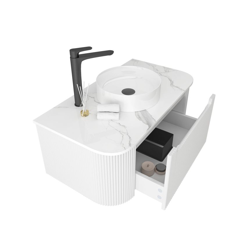 900mm Wall Hung PVC Matte White Striped Surface Curved Edge Bathroom Vanity Cabinet Only