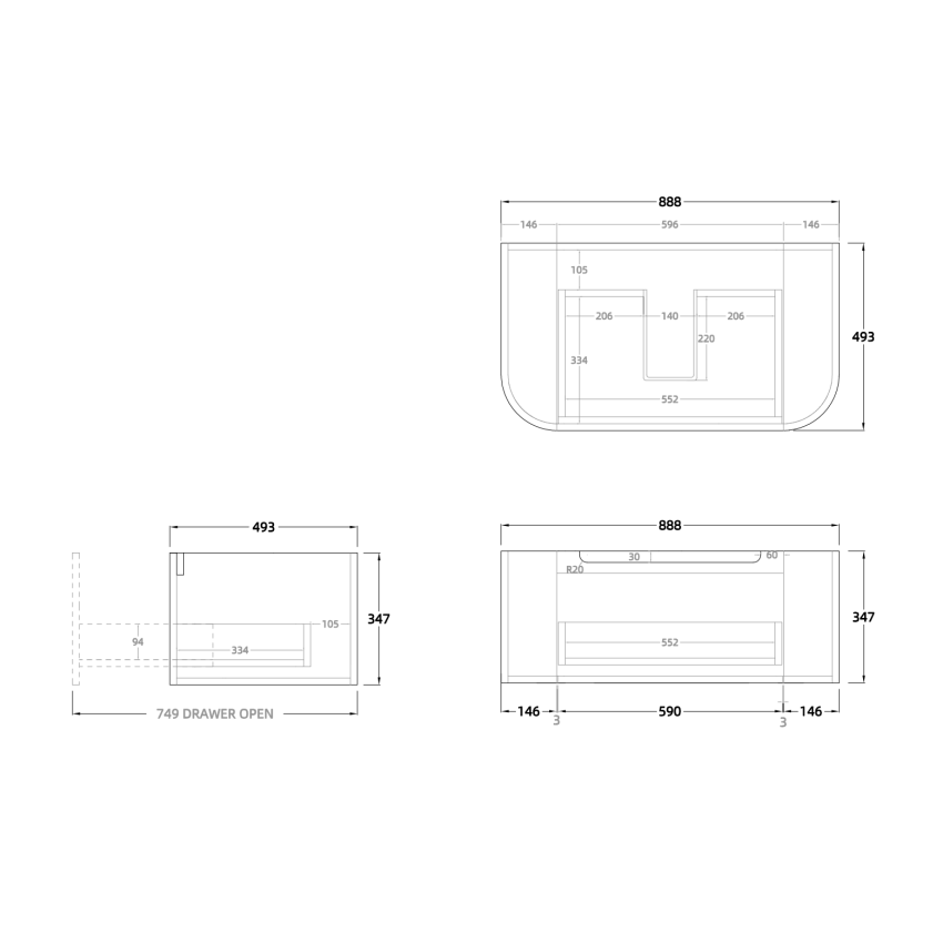 900mm Wall Hung PVC Matte White Striped Surface Curved Edge Bathroom Vanity Cabinet Only