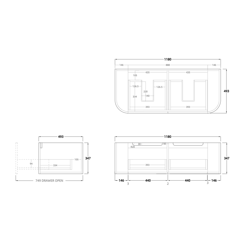 1200mm Wall Hung PVC Matte White Striped Surface Curved Edge Bathroom Vanity Cabinet Only