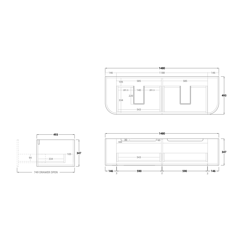 1500mm Wall Hung PVC Matte White Striped Surface Curved Edge Bathroom Vanity Cabinet Only