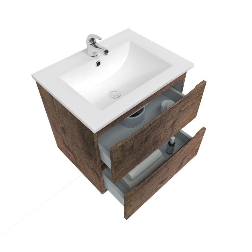 600mm Wall Hung Bathroom Vanity Dark Oak Wood Grain 2 PAC Coating MDF Board