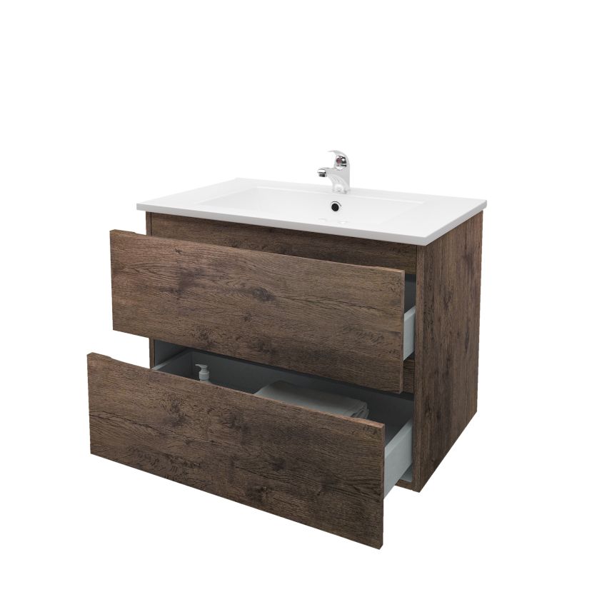 750mm Wall Hung Bathroom Vanity Dark Oak Wood Grain 2 PAC Coating MDF Board